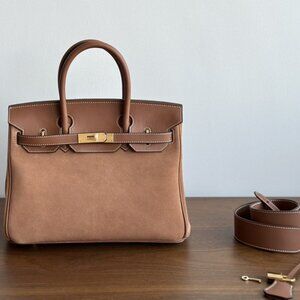 30cm Classic Tan Cowhide Leather Top Handle Handbag - Includes Strap